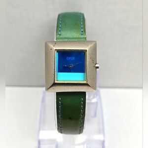 OPEX Kabotine Square Quartz Watch New Battery Green Leather Band Vintage